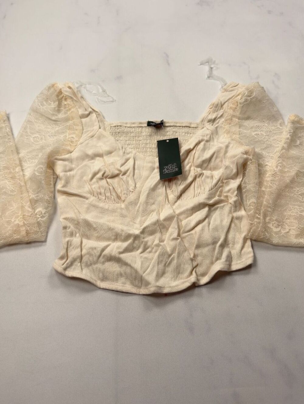 Wild Fable Blouse Cream Lace Puff Sleeve Smocked - Womens S NWT